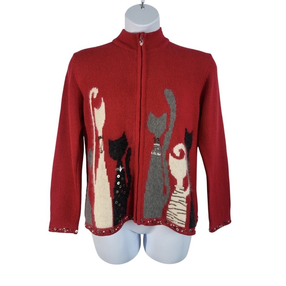 Coldwater Creek Red Bejeweled Cats Kitchy Zip Sweater Jacket Size L Twee Preppy